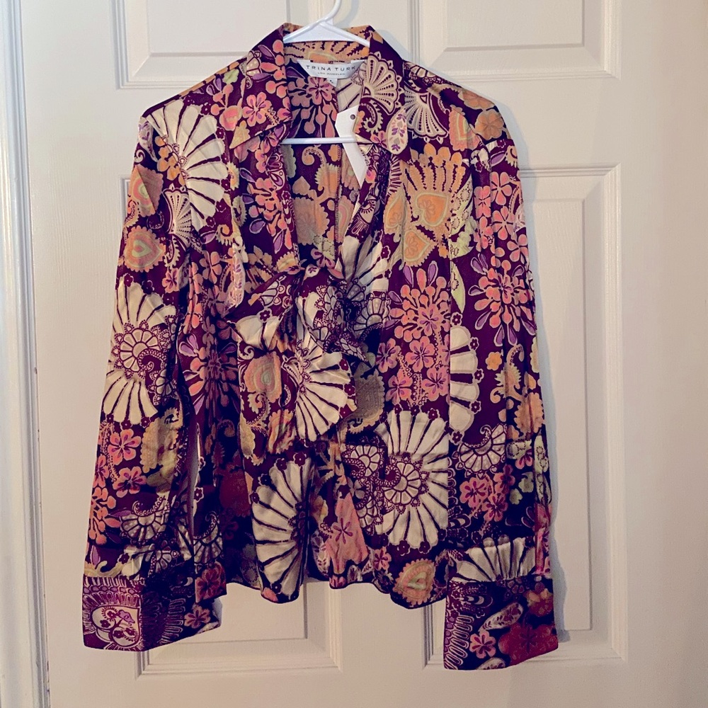 Trina Turk silk neck tie blouse.